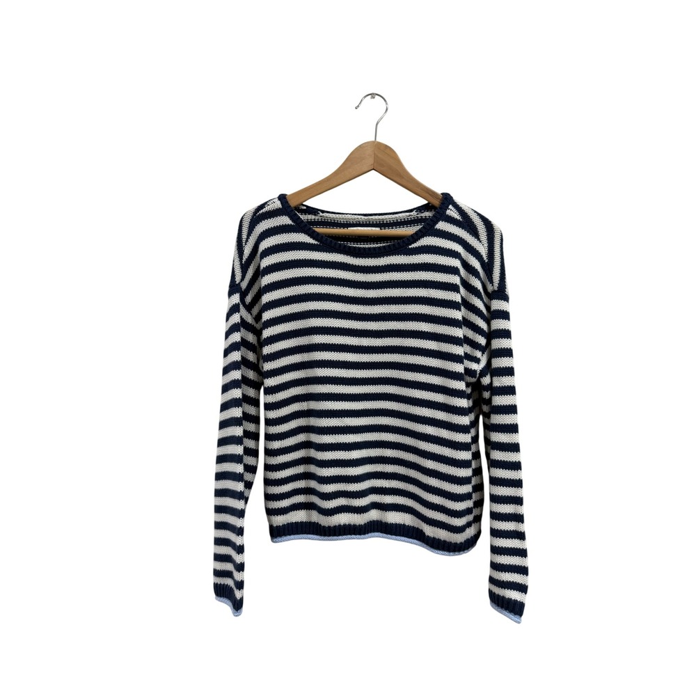 American Eagle Striped Knit Sweater Navy White Light Blue Trim Women Small